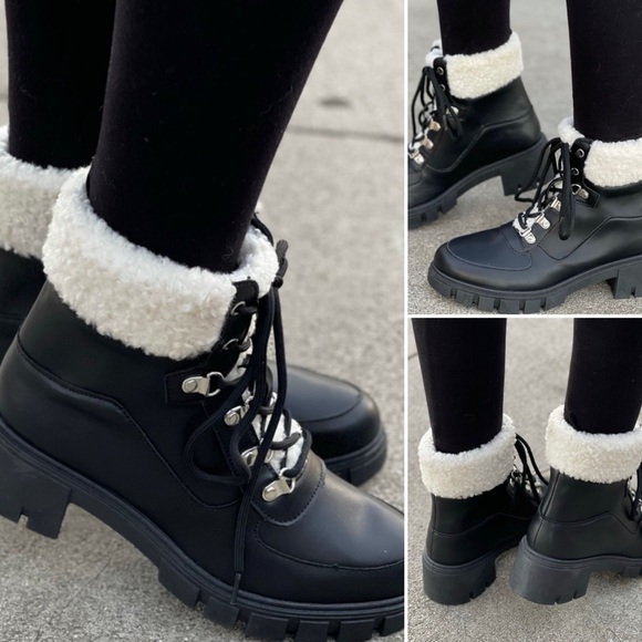 Black Lace-up Combat boot with faux fur ankle cuff - Picture 2 of 13